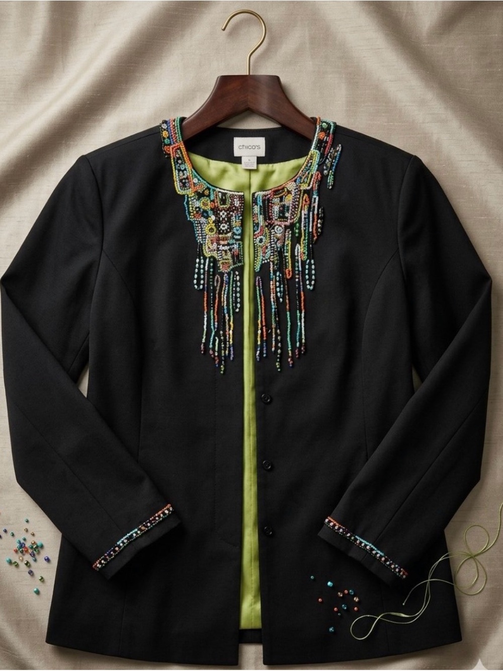Chico's Black Jacket with Multicolor Beaded Fringe Accents size 2 Large 12